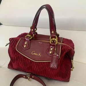 Coach Ashley Gathered Satin and Patent Leather Satchel in Bordeaux Med. Burgundy